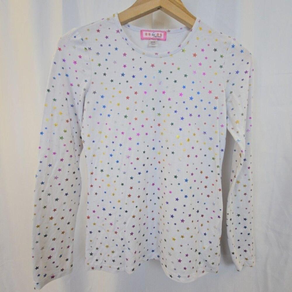 Koi Shirt Womens XXS White Multicolor Star Print Long Sleeve Tee Top Glitter